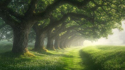 Walking Path Through Forest Tunnel with Sunlight and Green Meadow