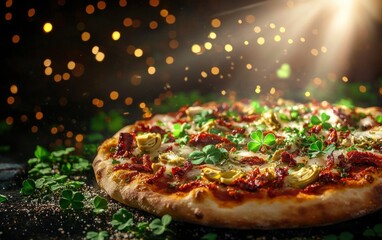Floating sun-dried tomato and artichoke pizza on glowing St Patrick Day background
