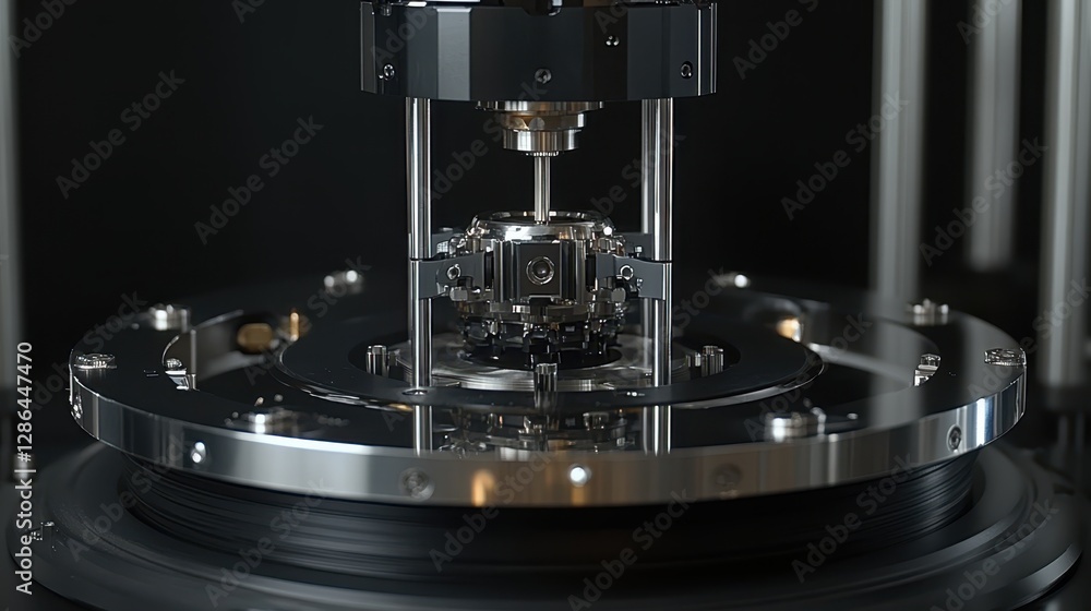 Poster arafed machine featuring a robust metal structure displayed against a contrasting black background, 