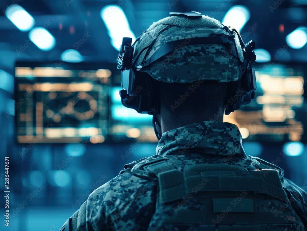 Poster military soldier wearing headset analyzing data on multiple monitors in command center
