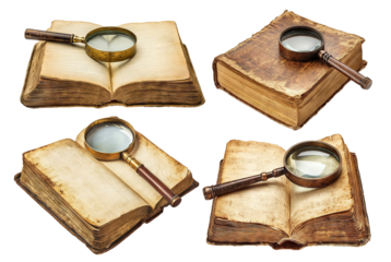 Set of vintage books with magnifying glasses, isolated on transparent cutout background
