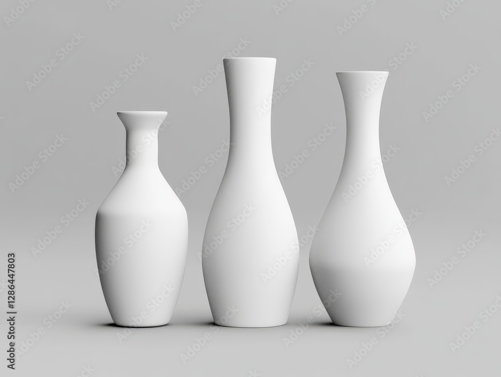 Poster black and white still life composition of three minimalist ceramic vases with soft lighting and shad