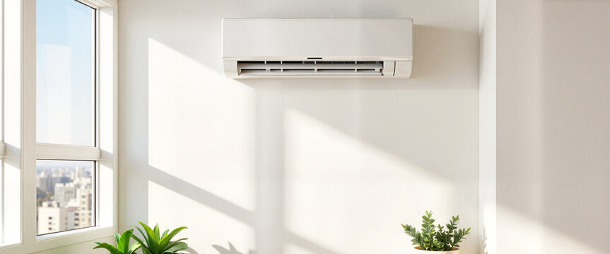 Split system AC unit in bright office with morning sunlight, calm ambiance