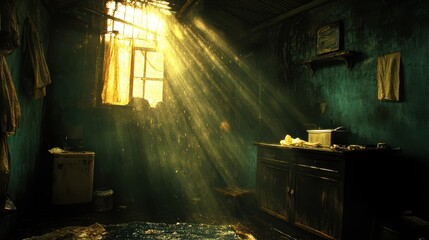Sunlight streams through a dusty window, illuminating the neglected details of a dilapidated room, creating a stark contrast between light and shadow.