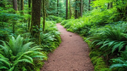 Obraz premium Walking Trail Through Lush Green Forest with Ferns and Moss