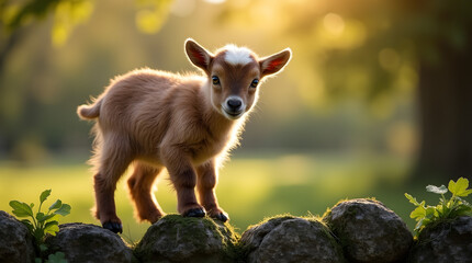 A playful baby goat stands confidently on a mossy stone wall, bathed in golden sunlight. The lush green pasture and towering trees create a peaceful, rustic countryside atmosphere