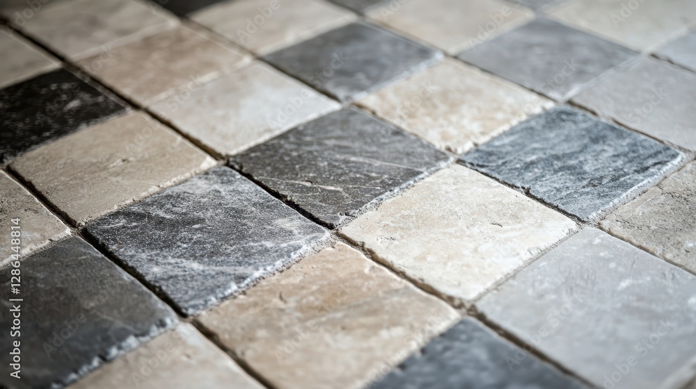 Poster a detailed close-up of a tiled floor showcasing a striking black and white checkerboard pattern, emp