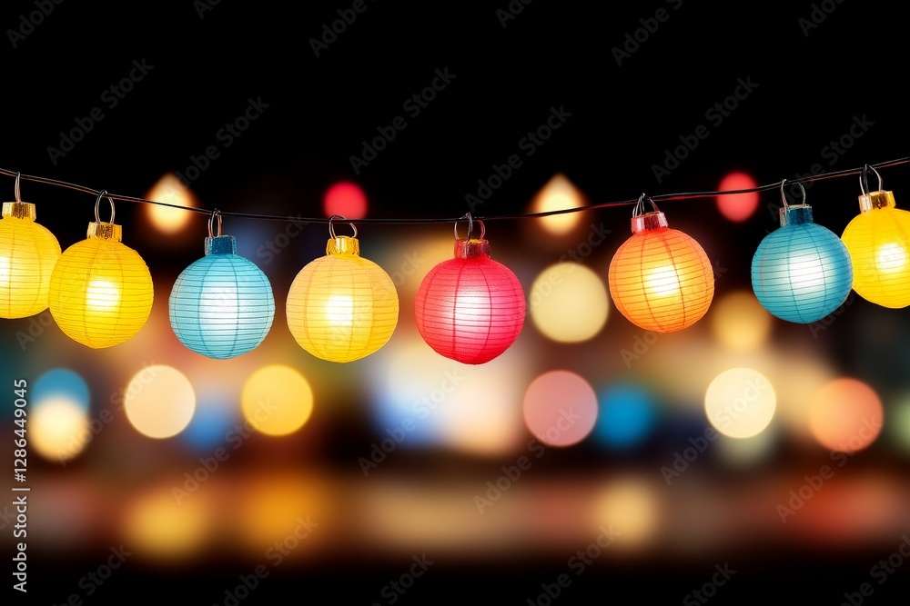 Poster colorful festive string lights glowing in warm bokeh effect with vibrant hues creating an enchanting