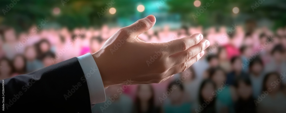 Poster captivating image showcasing a speaker addressing a large business convention, inspiring the audienc