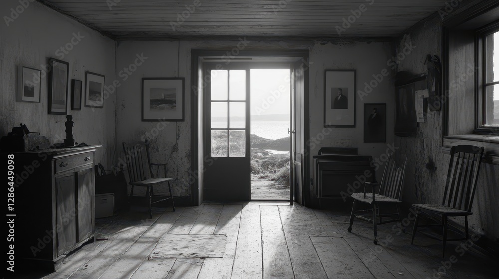 Poster a simple room features a door and a single chair, creating a minimalist and inviting atmosphere for 