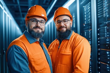Captivating image showcasing an IT specialist and server technician discussing a complex project within a cutting-edge high-tech data center Witness the collaboration as these experts analyze server