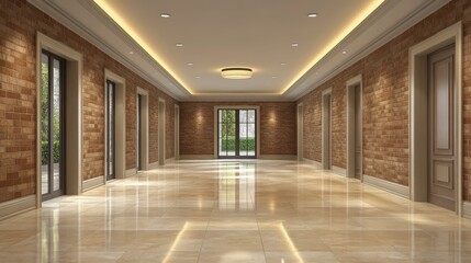 A spacious hallway features numerous windows that allow ample natural light to illuminate the area, creating an inviting and airy atmosphere.