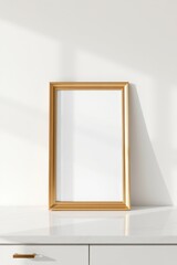 Elegant gold frame with a blank canvas on a sleek white counter, illuminated by soft natural light.