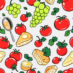 a variety of fruits and vegetables, including grapes, tomatoes, a pie, a slice of bread, and a spoon, all set against a white background.