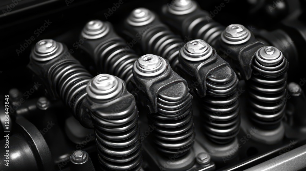 Poster a detailed close-up view of metal springs within a machine, highlighting their intricate design and 