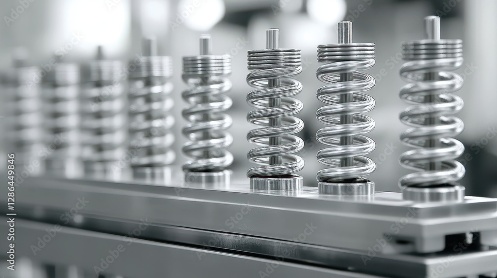 Poster a detailed close-up of a machine featuring numerous intricate springs, showcasing their design and m