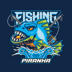 Vector Illustration of Piranha Fish with Fishing Rod in Detailed Vintage Illustration Available for Logo Badge