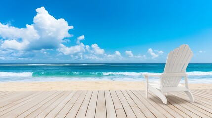 Fototapeta premium Relaxing Beach Scene with White Chair Overlooking the Ocean and Blue Sky