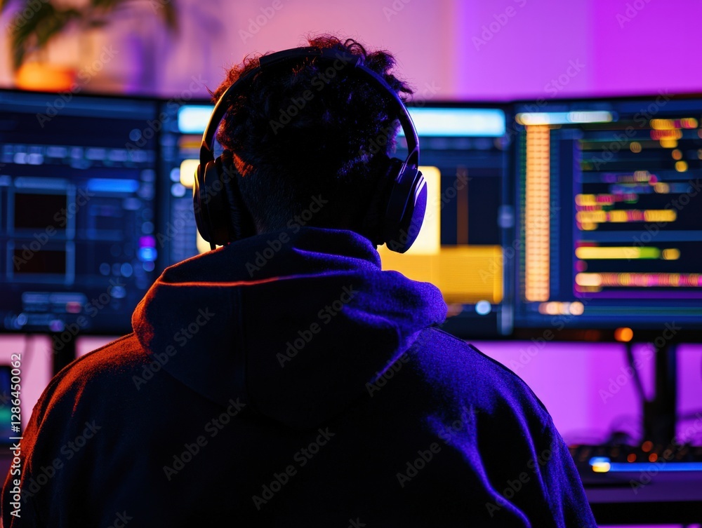 Poster person wearing headphones engaged in coding at a multi-monitor setup in a colorful workspace