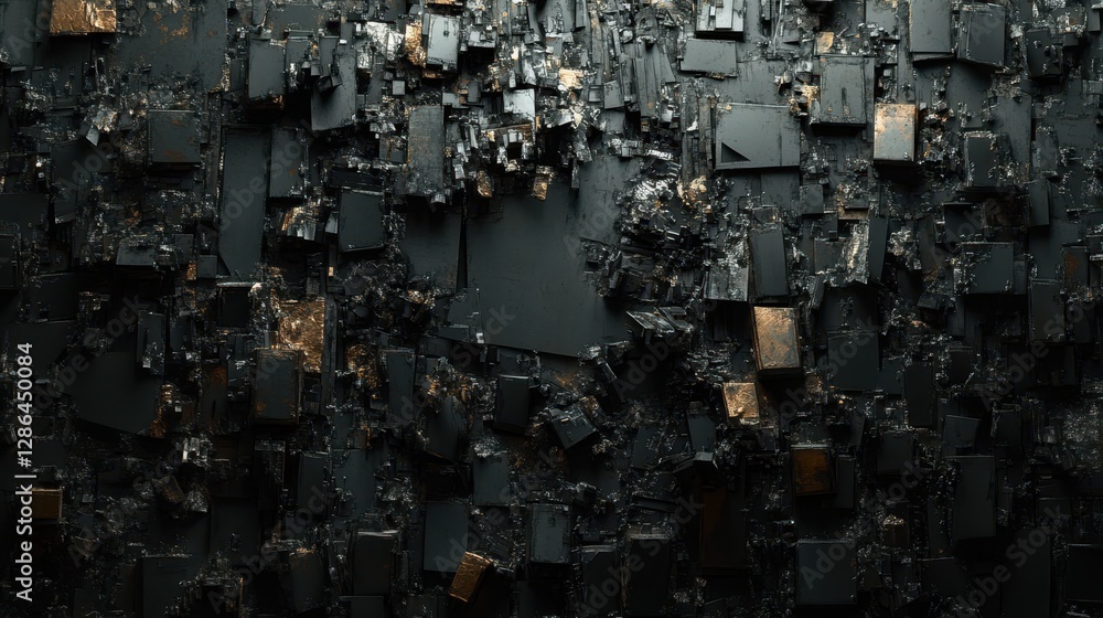 Poster a detailed close-up of a textured black wall adorned with various metallic elements, showcasing intr