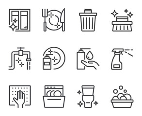 Cleaning housekeeping washing line icon isolated set. Vector flat graphic design