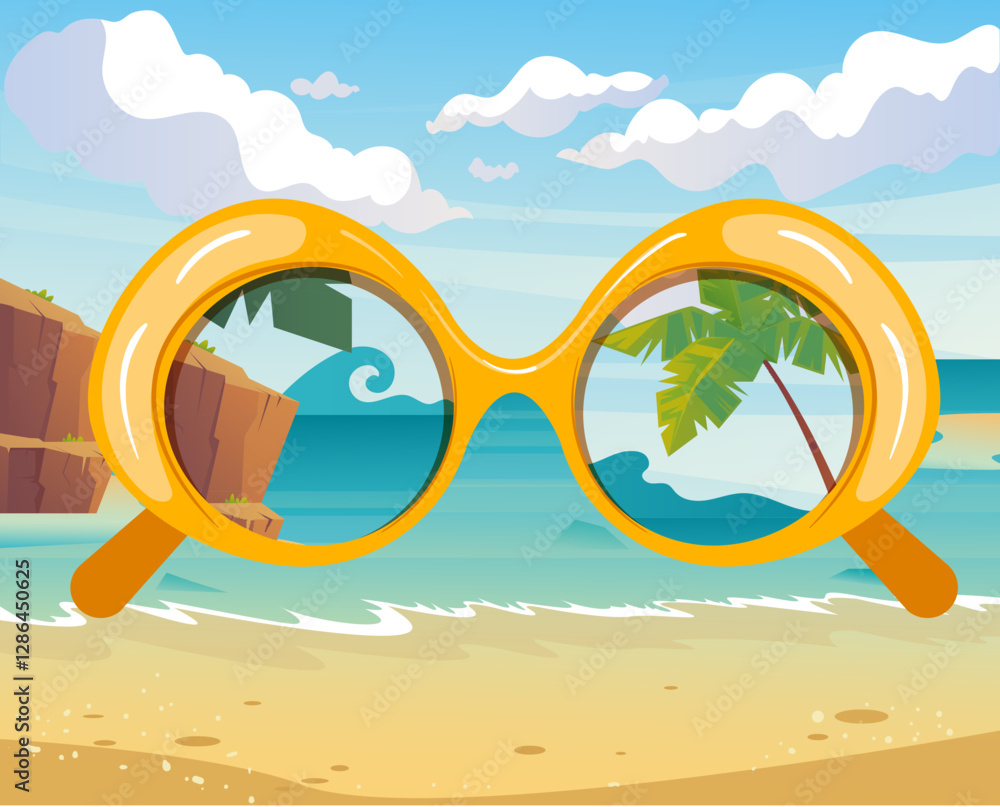 Wall mural Summer sunglass with beach resort reflection isolated concept. Vector flat graphic design illustration