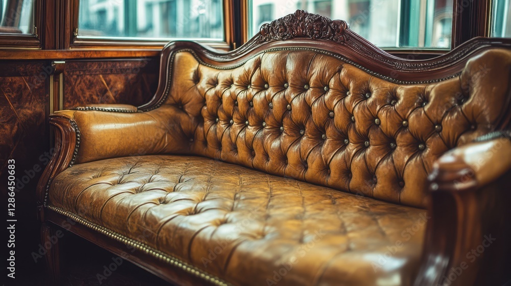 Poster a brown leather couch positioned elegantly in front of a large window, creating a cozy and inviting 
