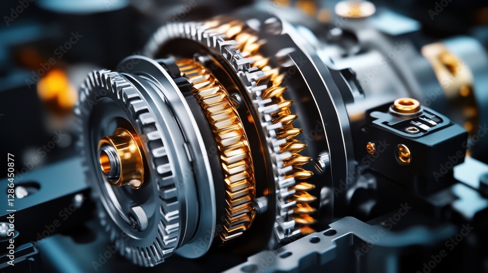 Poster intricate metal gears interlock within a mechanical assembly, set against a stark black background, 