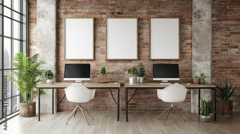 Poster two modern computers sit on a desk, contrasted against a rugged brick wall, creating a blend of tech
