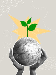 Trendy halftone collage. Concept of caring for our planet, careful attitude, sprout, concept of beginning and prosperity.