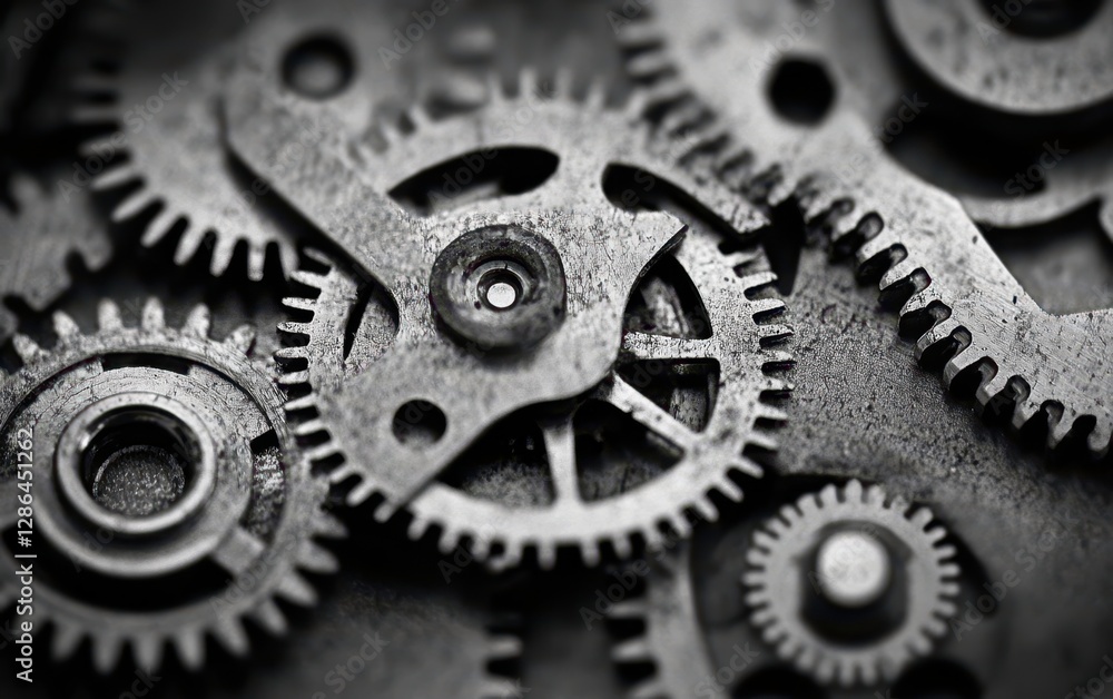 Poster intricate clock gears and cogs arranged against a sleek black background, showcasing the mechanics o