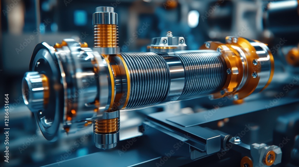 Poster a detailed close-up view of a machine featuring a prominent metal cylinder resting on a table, showc