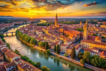 Obraz premium Verona Aerial Drone Photography: Stunning Bird's Eye View of Italian Cityscape, Romantic Architecture, Adige River