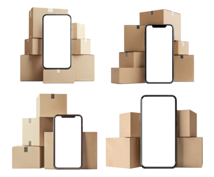 Set of phones surrounded by cardboard boxes, isolated on transparent cutout background - Powered by Adobe