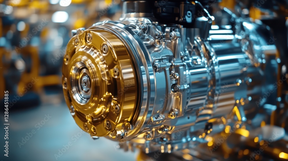 Poster a close-up view of a polished engine showcases intricate details and machinery within an industrial 