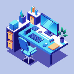 Isometric Workspace – 3D Computer Desk Setup in Vibrant Blue and Orange with Minimalist Futuristic Design


