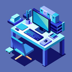 Isometric Workspace – 3D Computer Desk Setup in Vibrant Blue and Orange with Minimalist Futuristic Design


