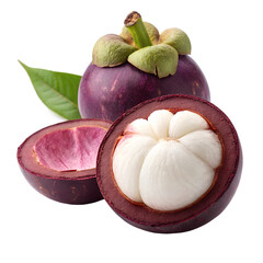 A fresh mangosteen with smooth purple skin and creamy white flesh, displayed on an isolated white background, in a hyper-realistic style with soft backlighting to highlight its translucent quality