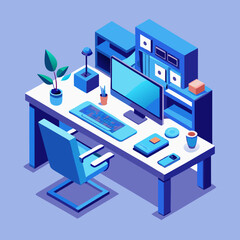 Isometric Workspace – 3D Computer Desk Setup in Vibrant Blue and Orange with Minimalist Futuristic Design

