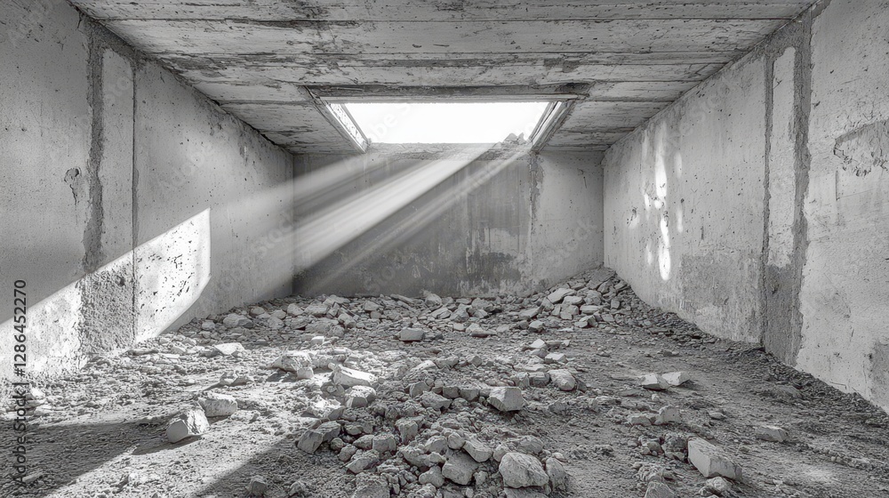 Poster a cluttered room filled with debris and rubble, featuring a window that allows a glimpse of light in