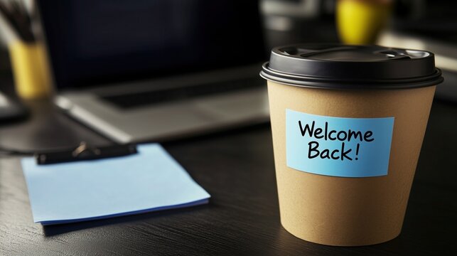 A brown disposable coffee cup with a black lid has a blue sticky note that reads "Welcome Back!" placed on a black desk.