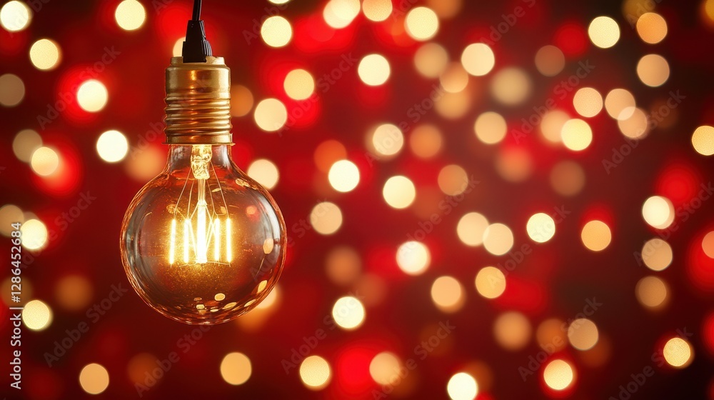 Poster a close-up view of a glowing light bulb set against a vibrant red background, highlighting the intri