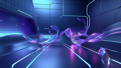Naklejka premium A futuristic, high-tech motion background with sleek, metallic surfaces, neon-lit circuits, and holographic accents that shimmer and undulate in a mesmerizing rhythm, created by generative ai