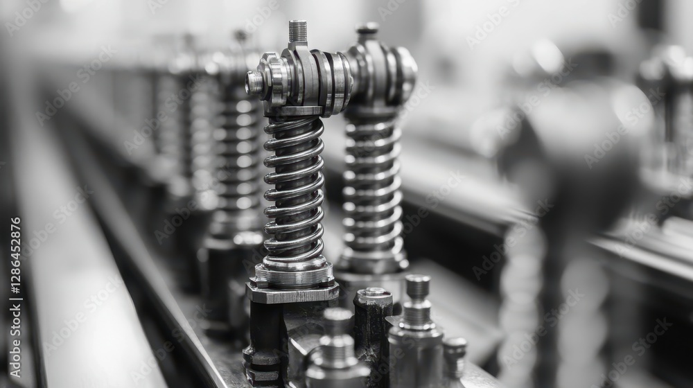 Poster a detailed close-up view of a machine featuring multiple intricate springs, showcasing mechanical pr