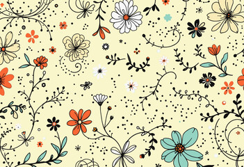 a variety of flowers and leaves in shades of orange, white, and blue, with black and gray accents, creating a whimsical and playful design.