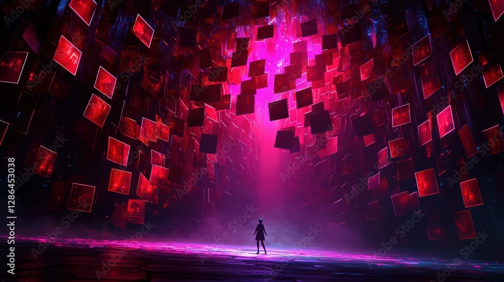 Poster surreal digital landscape with geometric patterns and vibrant color play in a dark environment