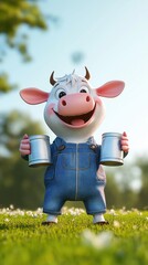 A cute funny cow in a denim jumpsuit, holding two cans of milk in her paws. A bright spring background,