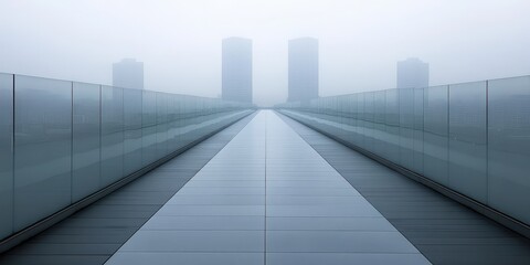 Fototapeta premium A scenic walkway featuring glass walls, surrounded by modern buildings that enhance the urban atmosphere and invite exploration.