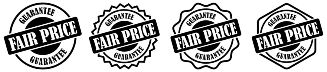 Set of fair price badge on white background. Premium pricing assurance sticker for retail sales. Authentic low cost guarantee label for fair trade. Official affordable price approval seal for business