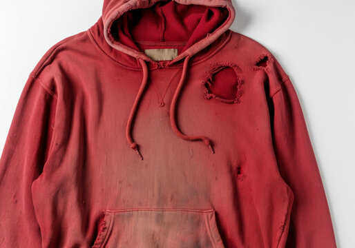 Old torn red men's hoodie with dirt stains displayed against a plain white background for fashion or textile use - Powered by Adobe